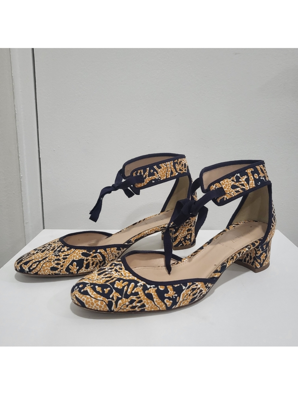 Drakes for J. Crew Giraffe Print Navy & Yellow Block Heel d'Orsay Pumps - Size 8